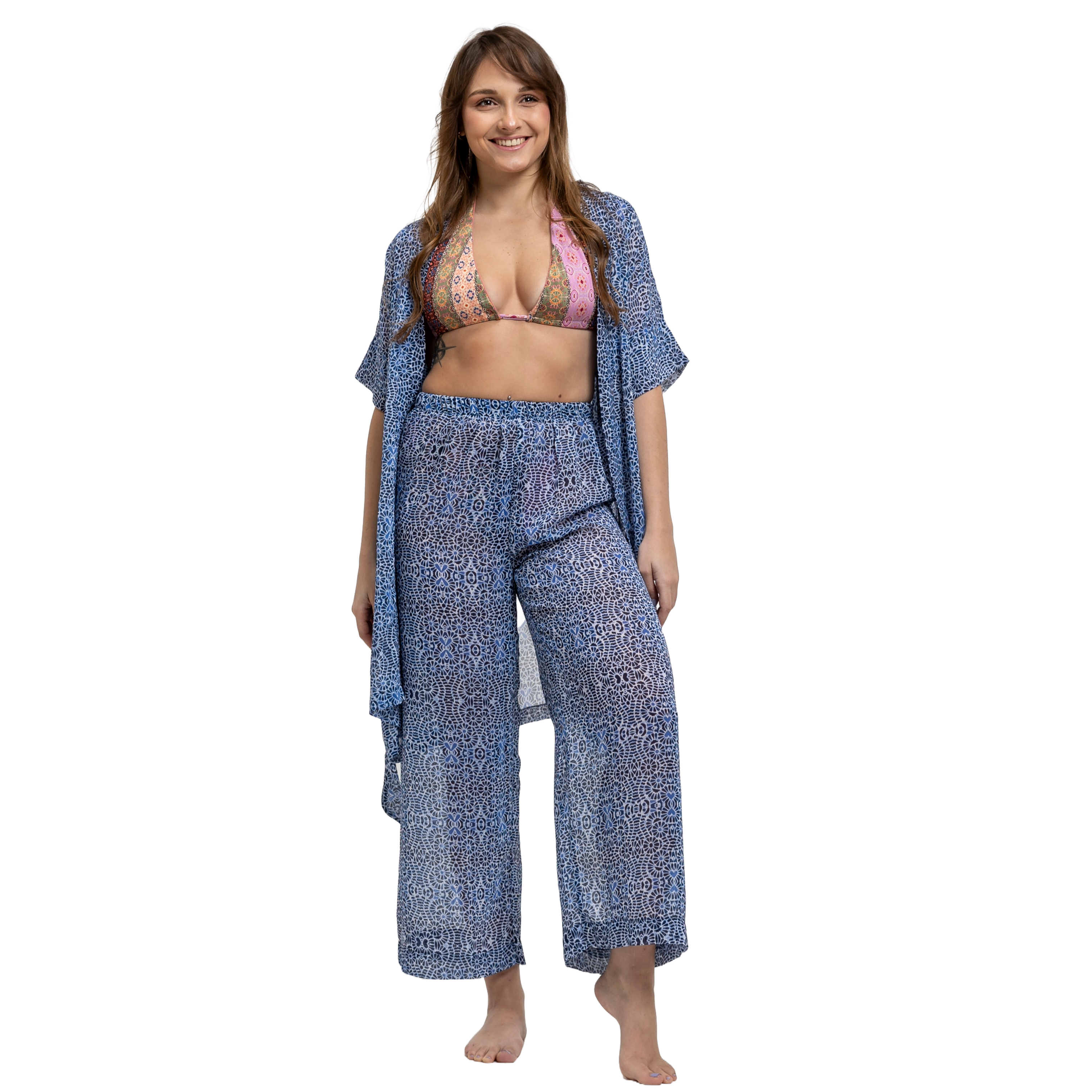 blue shirts and pants beach set