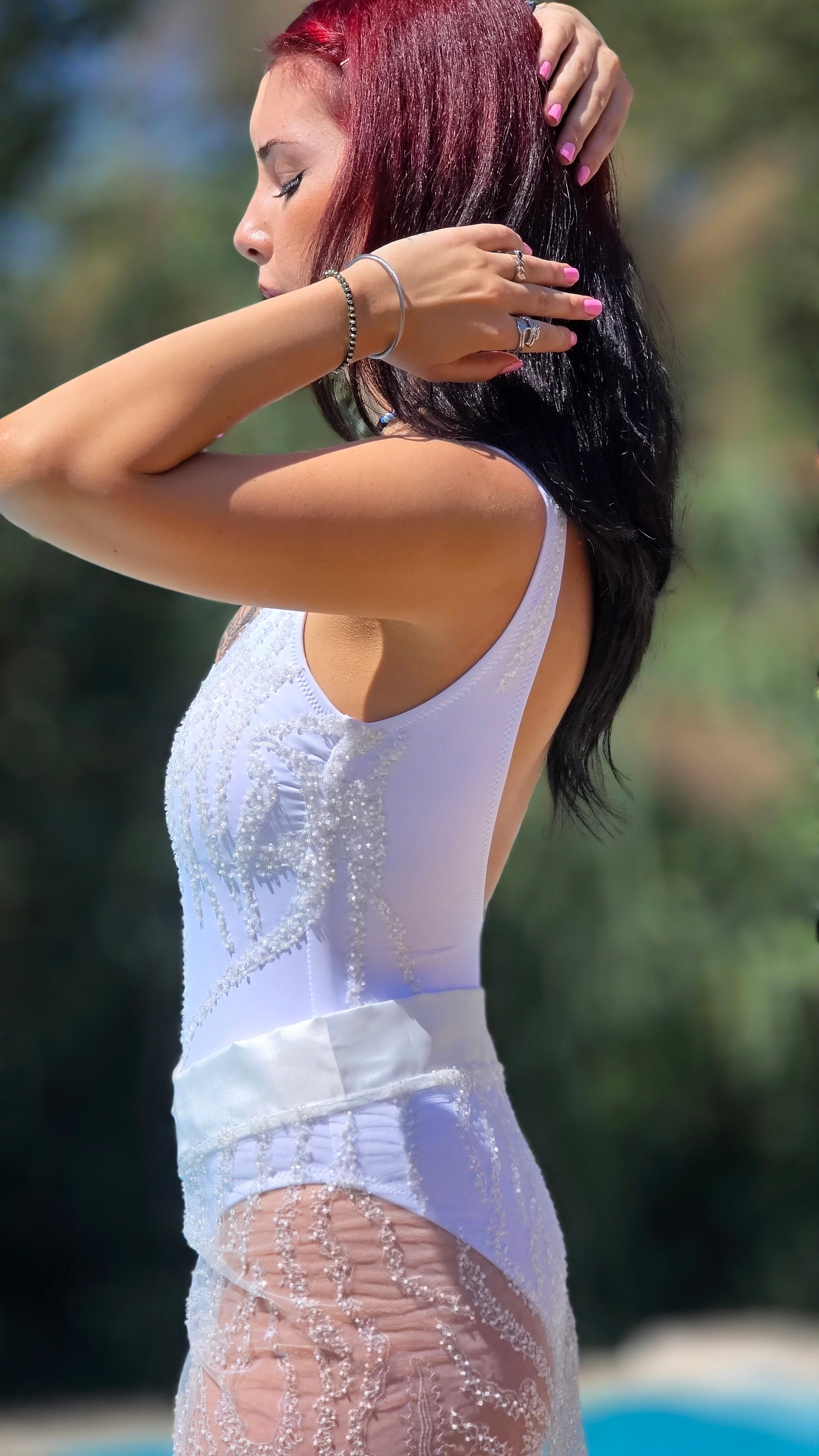 White One-Piece Swimsuit – Hand Stitched with Sparkle, Beads & Sequins